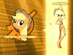 Size: 1024x768 | Tagged: safe, artist:10networks, applejack, equestria girls, g4, bracelet, clothes, code lyoko, cutie mark, female, hat, jewelry, knee pads, lasso, rope, solo, uniform, xana