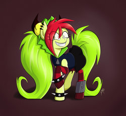 Size: 900x828 | Tagged: safe, artist:zetamad, pony, clothes, demencia, grin, ponified, raised hoof, smiling, solo, spiked wristband, villainous, wristband