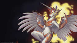 Size: 1920x1080 | Tagged: safe, artist:loupgarou, daybreaker, alicorn, anthro, a royal problem, g4, armor, armpits, breasts, female, helmet, hoers, mane of fire, mare, solo, unconvincing armor