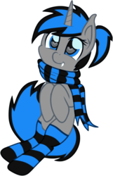 Size: 1539x2396 | Tagged: safe, artist:starstridepony, oc, oc only, oc:frost fang, pony, unicorn, clothes, cute, fangs, ponytail, scarf, simple background, smiling, socks, solo, striped socks, transparent background