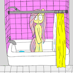 Size: 2048x2048 | Tagged: safe, artist:greeny-nyte, fluttershy, pony, g4, bathtub, bipedal, covering, embarrassed, embarrassed nude exposure, female, high res, looking at you, nudity, shower, shower curtain, solo, we don't normally wear clothes, wet, wet mane, wide eyes