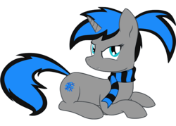 Size: 692x496 | Tagged: safe, artist:starstridepony, oc, oc only, oc:frost fang, pony, unicorn, clothes, grin, ponytail, scarf, simple background, smiling, solo, transparent background