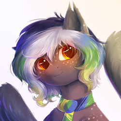 Size: 1024x1024 | Tagged: safe, artist:peachmayflower, oc, oc only, pegasus, pony, colored pupils, female, freckles, glowing eyes, gradient background, mare, solo