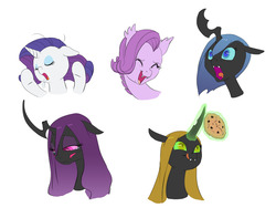 Size: 1208x950 | Tagged: safe, artist:carnifex, rarity, oc, oc:ambrosia, oc:lavender, oc:miasma, oc:myxine, changeling, changeling queen, dracony, hybrid, pony, unicorn, g4, blue changeling, bust, changeling oc, changeling queen oc, cookie, crying, drool, female, floppy ears, food, interspecies offspring, magic, mare, next generation, offspring, parent:rarity, parent:spike, parents:sparity, portrait, purple changeling, sad, simple background, tongue out, white background, yellow changeling