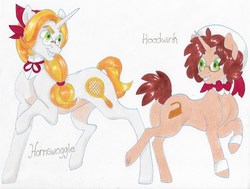 Size: 817x617 | Tagged: safe, artist:frozensoulpony, oc, oc only, oc:hoodwink, oc:hornswoggle, pony, bowtie, cousins, female, glasses, hat, male, mare, offspring, parent:fine line, parent:flam, parent:flim, parent:primrose, stallion, traditional art