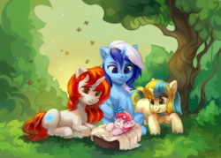 Size: 1024x732 | Tagged: safe, artist:share dast, minuette, oc, oc:crystal nova, oc:starlight, butterfly, pony, unicorn, g4, baby, baby pony, commission, cute, family, family photo, fanfic, fanfic art, female, filly, foal, forest, grass, mare, scenery, smiling, tree