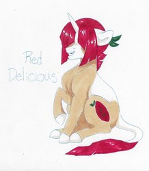 Size: 539x617 | Tagged: safe, artist:frozensoulpony, oc, oc only, oc:red delicious, pony, unicorn, hair over eyes, male, offspring, parent:big macintosh, parent:sugar belle, parents:sugarmac, raised hoof, solo, stallion, traditional art