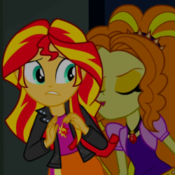 Size: 630x630 | Tagged: safe, screencap, adagio dazzle, sunset shimmer, equestria girls, g4, my little pony equestria girls: rainbow rocks, clothes, cropped, eyes closed, female, jewelry, out of context, pendant, personal space invasion, skirt