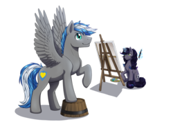 Size: 4092x2893 | Tagged: safe, artist:nothingspecialx9, oc, oc only, oc:cloud zapper, oc:shallow luck, pegasus, pony, unicorn, duo, easel, high res, magic, male, paint, paintbrush, painting, simple background, stallion, transparent background