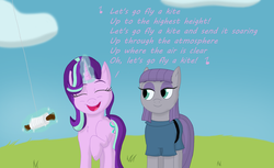 Size: 2349x1437 | Tagged: safe, artist:megaanimationfan, maud pie, starlight glimmer, earth pony, pony, unicorn, g4, rock solid friendship, cute, disney, disney style, eyes closed, female, glimmerbetes, happy, kite flying, let's go fly a kite, lidded eyes, mare, mary poppins, maudabetes, music notes, open mouth, singing, smiling, song reference, that pony sure does love kites, when she smiles