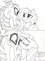 Size: 4776x6520 | Tagged: safe, artist:celestial-rainstorm, discord, fluttershy, comic:heart of a draconequus, g4, 2 panel comic, absurd resolution, black and white, comic, female, grayscale, kissing, looking, male, monochrome, ship:discoshy, shipping, straight