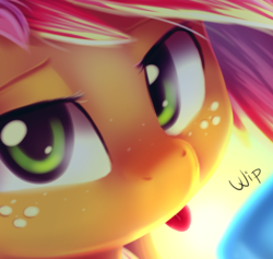 Size: 677x643 | Tagged: dead source, safe, artist:php69, babs seed, earth pony, pony, g4, bust, close-up, female, filly, portrait, solo, tongue out