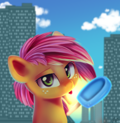 Size: 1892x1943 | Tagged: safe, artist:php69, babs seed, earth pony, pony, g4, building, female, filly, floating object, foal, food, ice cream, popsicle, sea salt ice cream, solo, sun, tongue out