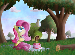 Size: 3507x2550 | Tagged: safe, artist:sweetbrew, fluttershy, pony, g4, cake, cup, female, fluttershy's cottage, food, grass, high res, holding, hoof hold, looking up, picnic, sitting, smiling, solo, tree