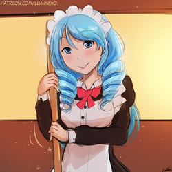 Size: 750x750 | Tagged: safe, artist:lumineko, oc, oc only, oc:opuscule antiquity, human, broom, clothes, cute, female, humanized, humanized oc, looking at you, maid, smiling, solo