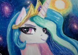 Size: 1100x780 | Tagged: safe, artist:ishraniel, princess celestia, pony, g4, crown, female, jewelry, regalia, solo, space, traditional art