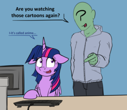 Size: 4961x4306 | Tagged: safe, artist:duop-qoub, twilight sparkle, oc, oc:anon, alicorn, human, pony, g4, absurd resolution, anime, blue background, chest fluff, computer, cute, dialogue, female, floppy ears, grin, male, mare, nerd, nervous, nervous smile, reversed gender roles equestria, reversed gender roles equestria general, shy, simple background, smiling, sweat, twilight sparkle (alicorn)