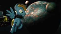 Size: 1920x1080 | Tagged: safe, artist:powdan, oc, oc only, oc:harmony star, alicorn, pony, 3d, alicorn oc, commission, flying, gmod, grin, male, moons, planet, smiling, solo, space, stallion