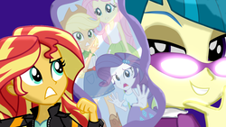 Size: 1920x1080 | Tagged: safe, artist:jongoji245, applejack, fluttershy, juniper montage, rarity, sunset shimmer, equestria girls, equestria girls specials, g4, my little pony equestria girls: mirror magic, apple, bracelet, clothes, cowboy hat, denim skirt, frightened, glasses, hat, jacket, leather jacket, mirror, not good, oh no, open mouth, scared, skirt, stetson, trapped, uh oh