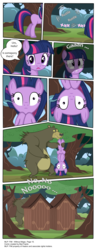 Size: 3444x8939 | Tagged: safe, artist:perfectblue97, twilight sparkle, bear, earth pony, pony, comic:without magic, g4, absurd resolution, blank flank, comic, earth pony twilight, flower, looking left, no, outhouse, shocked, this will not end well, upside down