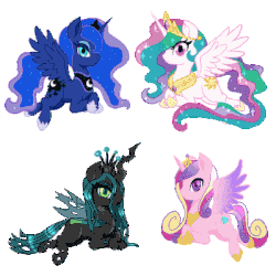 Size: 400x400 | Tagged: safe, artist:rainbowmassacre90, princess cadance, princess celestia, princess luna, queen chrysalis, alicorn, changeling, changeling queen, pony, g4, animated, blinking, gif, prone, simple background, spread wings, transparent background, wings
