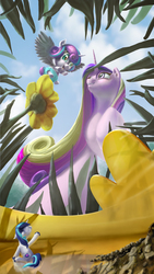 Size: 4226x7514 | Tagged: safe, artist:skribbler84, princess cadance, princess flurry heart, shining armor, alicorn, pony, unicorn, g4, absurd resolution, dandelion, family, flower, micro, outstretched hoof, raised hoof, unaware