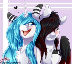 Size: 2900x2600 | Tagged: safe, artist:pinktabico, oc, oc only, bat pony, hybrid, pegasus, pony, unicorn, commission, duo, fangs, female, hair over one eye, high res, mare, smiling