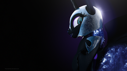 Size: 2560x1440 | Tagged: safe, artist:thelunagames, nightmare moon, alicorn, pony, g4, 3d, cinema 4d, female, looking back, simple background, solo