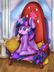 Size: 3048x4048 | Tagged: safe, artist:check3256, twilight sparkle, alicorn, pony, g4, chest fluff, drinking, ear fluff, female, high res, juice, juice box, magic, sitting, solo, telekinesis, throne, twilight sparkle (alicorn)