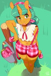 Size: 1280x1919 | Tagged: safe, artist:pijinpyon, snails, unicorn, anthro, g4, belly button, blushing, bucket, clothes, crossdressing, freckles, girly, glitter shell, grass, looking at you, male, outdoors, solo, trans female, transgender, trap