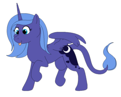 Size: 709x567 | Tagged: safe, artist:happystoo13, princess luna, alicorn, pony, g4, female, leonine tail, raised hoof, s1 luna, simple background, solo, spread wings, tongue out, transparent background, wings
