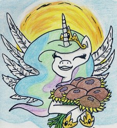 Size: 1073x1170 | Tagged: safe, artist:kuroneko, derpibooru exclusive, princess celestia, alicorn, pony, g4, female, flower, happy, smiling, solo, sun, sunflower, traditional art