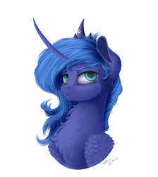 Size: 2200x2450 | Tagged: safe, artist:skitsroom, princess luna, alicorn, pony, g4, bust, chest fluff, female, high res, mare, portrait, s1 luna, simple background, smiling, solo, wavy mouth, white background