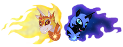 Size: 3937x1524 | Tagged: safe, artist:spiritualpresence, daybreaker, nightmare moon, alicorn, pony, a royal problem, g4, duo, ethereal mane, evil sisters, female, grin, mane of fire, mare, simple background, smiling, starry mane, transparent background