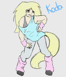 Size: 1536x1781 | Tagged: artist needed, safe, oc, oc only, oc:koda, satyr, 80s, gray background, leg warmers, offspring, parent:derpy hooves, simple background, solo