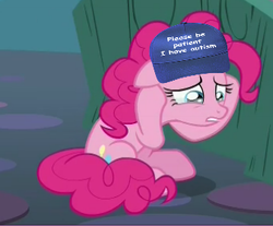 Size: 336x278 | Tagged: safe, edit, edited screencap, screencap, pinkie pie, earth pony, pony, g4, rock solid friendship, autism, autistic pinkie pie, cap, cropped, crying, female, hat, meme, please be patient i have autism, sad, solo