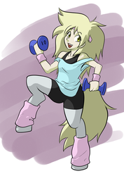 Size: 1838x2592 | Tagged: safe, artist:dj-black-n-white, oc, oc only, oc:koda, satyr, 80s, exercise, leg warmers, offspring, parent:derpy hooves, solo, weights