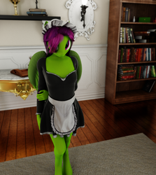 Size: 963x1080 | Tagged: safe, artist:stellarator, oc, oc only, oc:loose leaf, pegasus, anthro, unguligrade anthro, 3d, blender, blender cycles, clothes, cosplay, costume, embarrassed, female, maid, mare, not sfm, solo