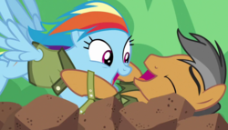 Size: 759x433 | Tagged: safe, screencap, quibble pants, rainbow dash, earth pony, pegasus, pony, g4, stranger than fan fiction, eyes closed, female, happy, laughing, male, mare, out of context, rock pit, shipping fuel, stallion, tackle