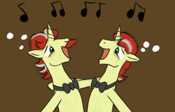 Size: 700x450 | Tagged: safe, artist:chirpynights, flam, flim, pony, unicorn, g4, brothers, brown background, duo, flim flam brothers, male, missing accessory, music notes, simple background, singing, stallion