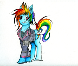 Size: 1078x914 | Tagged: safe, artist:dreamingnoctis, rainbow dash, pony, g4, 80s, alternate hairstyle, ankh, buttons, clothes, deathrock, eyeliner, female, goth, ink, jacket, leather jacket, makeup, punk, simple background, solo, spikes, studs, traditional art, white background