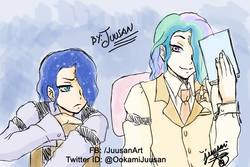 Size: 960x640 | Tagged: safe, artist:yuusan, princess celestia, princess luna, human, comic:si mlp fuera un manga yaoi, g4, bishonen, equestria guys, front view, hair over one eye, humanized, male, prince artemis, prince solaris, principal solaris, royal brothers, rule 63, vice principal artemis