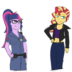Size: 1280x1280 | Tagged: safe, artist:umbraamethyst, sci-twi, sunset shimmer, twilight sparkle, equestria girls, g4, alternate clothes, alternate universe, belly button, clothes, female, lesbian, midriff, police, police officer, police uniform, ship:sci-twishimmer, ship:sunsetsparkle, shipping, simple background, tank top, white background