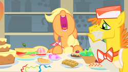 Size: 1280x720 | Tagged: safe, screencap, applejack, carrot cake, earth pony, pony, a bird in the hoof, g4, bandana, female, food, hatless, male, mare, mawshot, missing accessory, nose in the air, open mouth, stallion, uvula, volumetric mouth