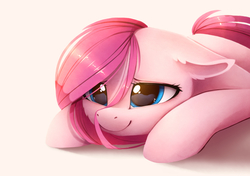 Size: 2272x1599 | Tagged: safe, artist:magnaluna, pinkie pie, earth pony, pony, cheek fluff, cute, cuteamena, diapinkes, ear fluff, female, floppy ears, hnnng, lidded eyes, mare, pinkamena diane pie, prone, simple background, smiling, solo, when she smiles, white background