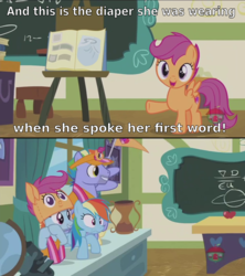 Size: 1280x1440 | Tagged: safe, edit, edited screencap, editor:eagle1division, screencap, bow hothoof, rainbow dash, scootaloo, windy whistles, pony, g4, parental glideance, chalkboard, classroom, comic, concerned, dialogue, diaper, embarrassed, fans, flag, hat, leaning, notebook, rainbow dash's parents, reality ensues, scrapbook, too much information, why, wide eyes