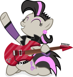 Size: 2631x2766 | Tagged: safe, artist:punzil504, idw, octavia melody, earth pony, pony, g4, ^^, alternate universe, clothes, electric guitar, eyes closed, female, guitar, high res, jacket, leather jacket, mare, mirror universe, musical instrument, rock (music), rocktavia, simple background, smiling, solo, transparent background