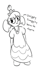 Size: 379x652 | Tagged: safe, artist:heretichesh, oc, oc only, oc:peach, satyr, clothes, crown, dress, jewelry, meme, monochrome, offspring, parent:apple bloom, regalia, solo