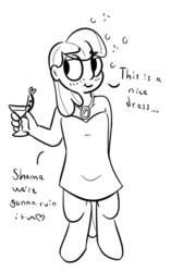 Size: 372x594 | Tagged: safe, artist:heretichesh, oc, oc only, oc:peach, satyr, alcohol, clothes, dress, jewelry, martini, monochrome, offspring, parent:apple bloom, solo