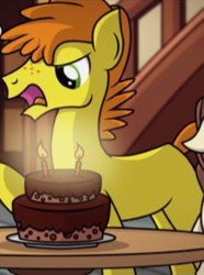 Size: 221x297 | Tagged: safe, artist:veggie55, carrot cake, earth pony, pony, g4, cake, candle, chocolate cake, cropped, food, missing accessory, missing cutie mark